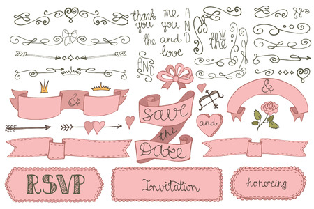 Doodles Wedding ribbons, borders,badges,decor setのイラスト素材