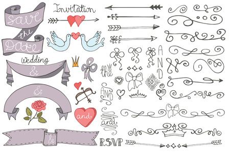 Doodle Wedding ribbons, swirl borders,decor setのイラスト素材