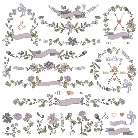 Flowers. Doodles border,frame,wreath,arrow,ribbon,floral decor element set.Hand sketched.Easy make design template,invitation,icon.For wedding,Valentine day,holiday,birthday,Easter,bridal shower.Vectorのイラスト素材