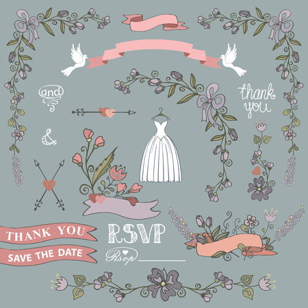 Retro bridal shower design template set with floral decor,ribbons,pigeot, border,bridal dress. Floral wreath and group.For Wedding invitation,card,Valentine day decor hand drawn doodles.Vintage Vectorのイラスト素材