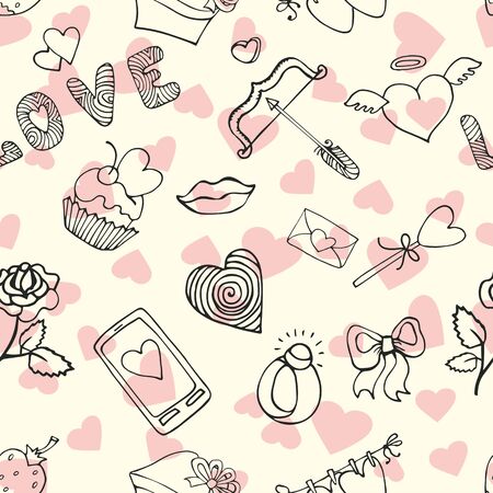 Valentine's day,wedding,love,romantic decor elements in seamless pattern.Cute Doodle hand drawing decor set.Colored cartoon vector.For fabrics ,のイラスト素材