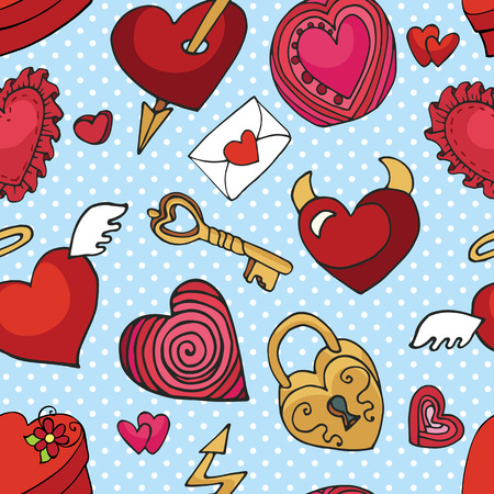 Valentine's day,wedding,love,romantic hearts decor elements in seamless pattern.Cute Doodle hand drawing decor set.Colored cartoon vector.For fabrics, Wallpaper,background,wrapping paper,backdrop.のイラスト素材