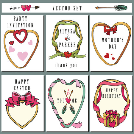 Doodles labels,badges,frame,love decor elements set.For design templates.Children hand drawing style. For holiday,menu. Vectorのイラスト素材