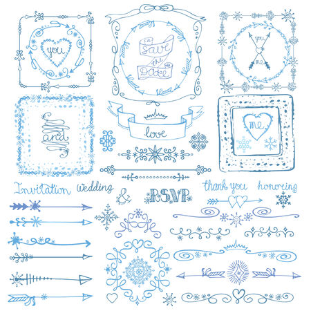 Winter doodle decor set.Frame,Border,ribbon.Hand drawnのイラスト素材
