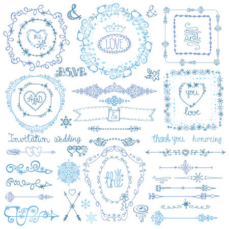 Winter doodle decor.Frame,ribbon,Border set.Hand drawinのイラスト素材