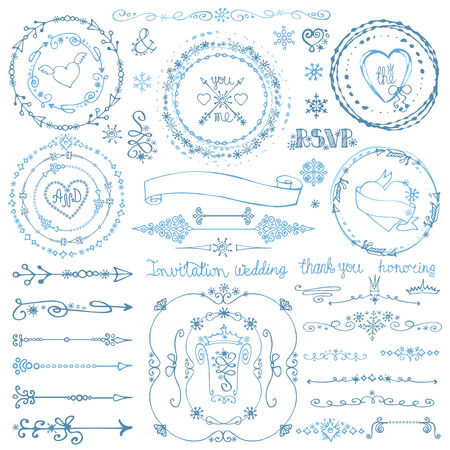 Winter doodle decor set.Wreath,Frame,Border,ribbon.Hand drawnのイラスト素材