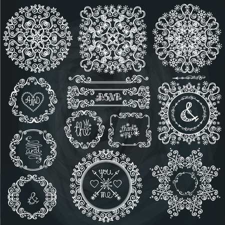 Winter swirls decor.Frame,wreath,mandala set.Chalkboardのイラスト素材