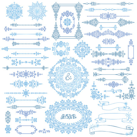 Winter swirls decor.Border,Frame,ribbon setのイラスト素材