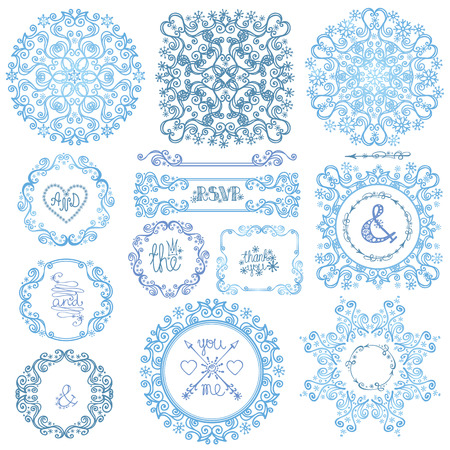 Winter swirls decor.Frame,wreath,mandala setのイラスト素材