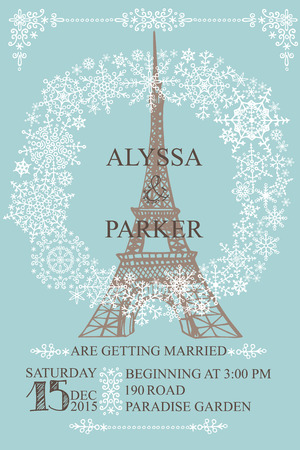 Wedding invitation.Eiffel tower,Snowflakes wreathのイラスト素材