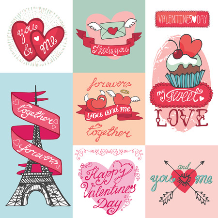 Valentines day cards set.Labels, emblems ,decor elements,heartsのイラスト素材