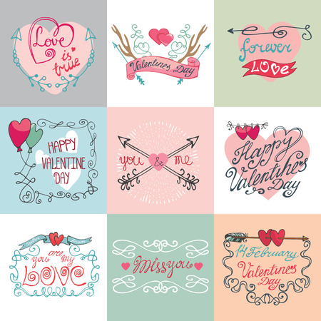 Valentine`s day calligraphy card set.Frame,arrows,heartsのイラスト素材