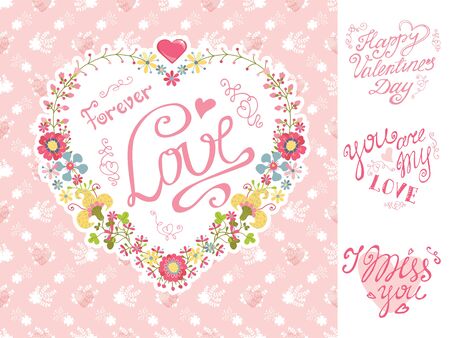 Vintage invitation, greeting card. Floral heart wreath,headlineのイラスト素材