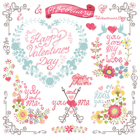 Vintage invitation, greeting card. Floral heart wreath,headlineのイラスト素材