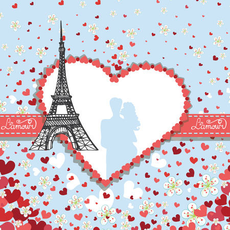Design Template.Hearts ,flowers,Eiffel tower,Labelのイラスト素材