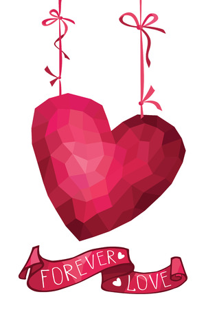 Abstract polygons pink heart with ribbon.Forever loveのイラスト素材