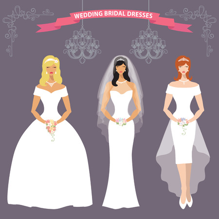 Three bride in long Wedding dress.Flat fashion setのイラスト素材
