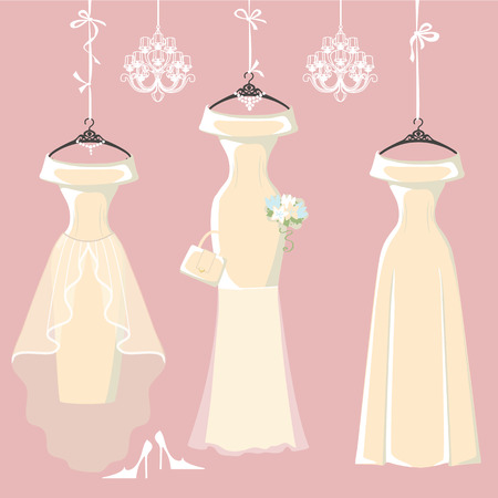 Set of three long bridal dresses hang on ribbonsのイラスト素材