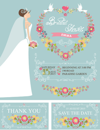 Retro Bridal shower set.Bride,floral wreath,decorのイラスト素材
