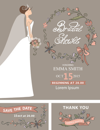 Retro Bridal shower set.Bride,floral decor,wreathのイラスト素材