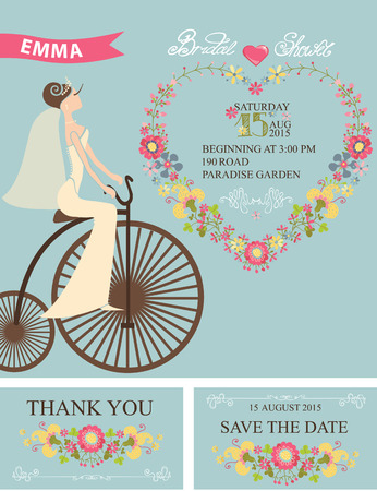 Retro Bridal shower set.Bride,floral decor,bicycleのイラスト素材