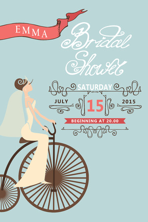 Retro Bridal shower invitation.Bride and retro bicycleの写真素材