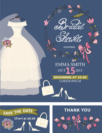 Bridal shower template set.Wedding dress,floral decor,accessorieのイラスト素材