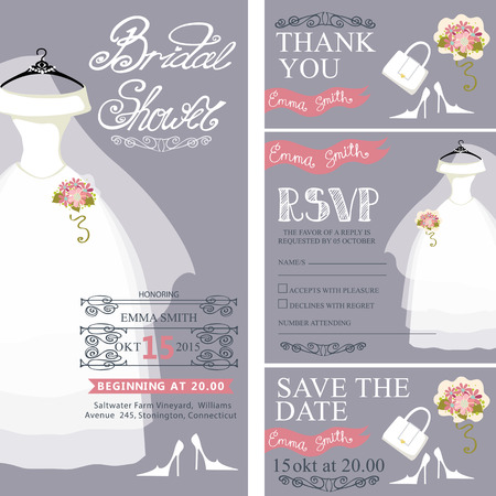 Bridal shower invitation.Wedding dress,bouquet,accessories setのイラスト素材