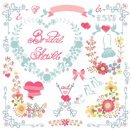 Bridal shower invitation. Floral heart wreath,headline,decor setのイラスト素材