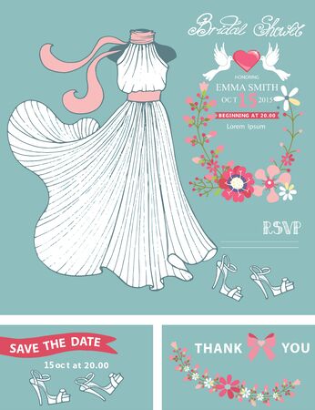 Bridal shower invitation template set.Bridal dress,floral wreathのイラスト素材