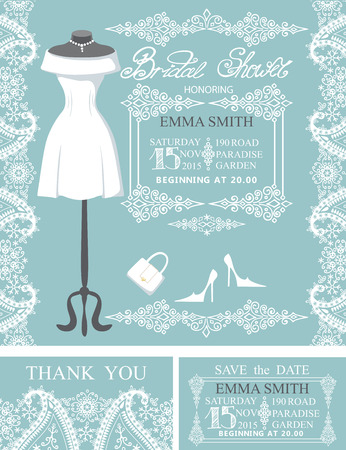 Bridal shower invitation set.Winter lace,wedding dressのイラスト素材