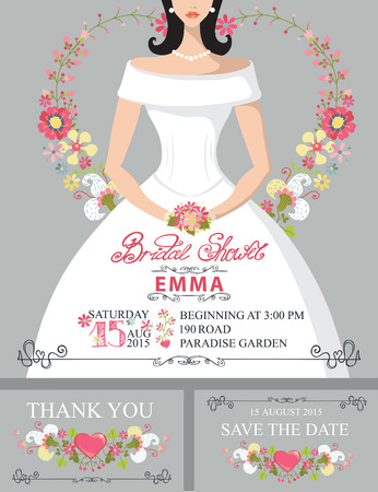 Bridal shower invitation set.Bride portrait,floral decorのイラスト素材