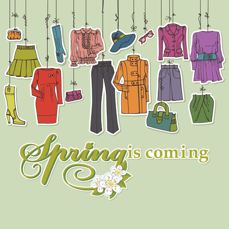 Womans clothing and accessories hanging on ropes.Springのイラスト素材