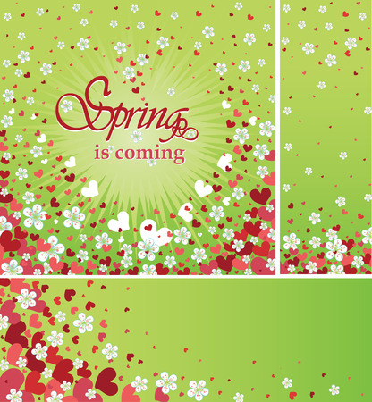 Flying spring flowers and red hearts backgroundのイラスト素材