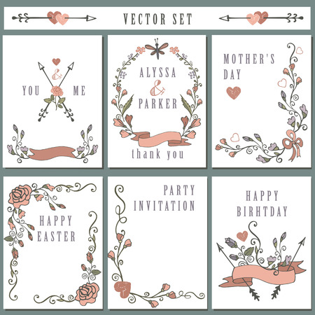 Vintage card set with hand drawing decor.Holiday sketchedのイラスト素材