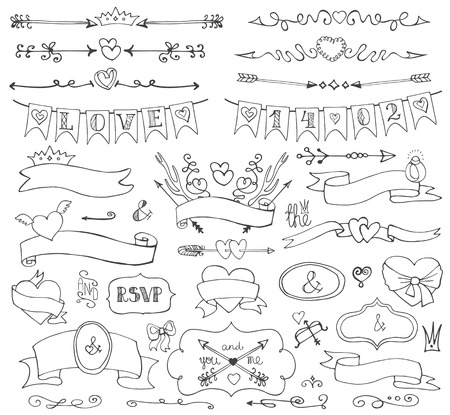 Doodle hearts,badges,arrows,borders,ribbons,decor set.Loveのイラスト素材