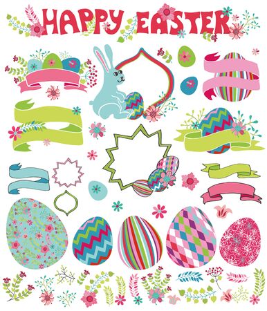 Easter set.Flowers,eggs,ribbon,headline,labelsのイラスト素材