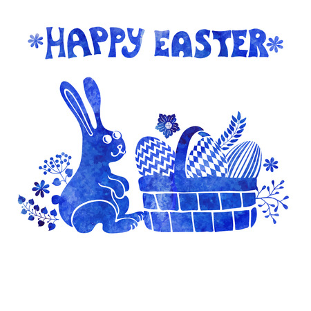 Easter card.Watercolor stamps,rabbit,egg in basket.Blueのイラスト素材