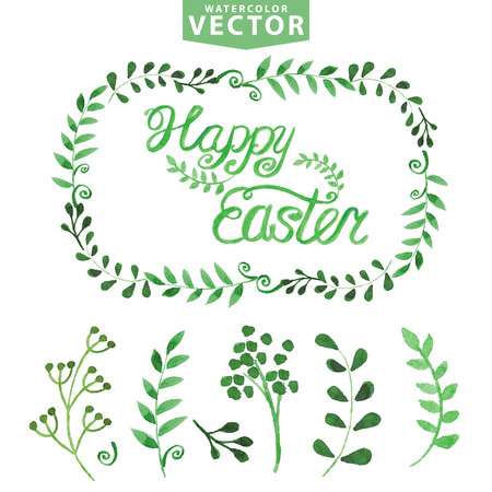 Watercolor Easter template.Word,leaves,branshesのイラスト素材