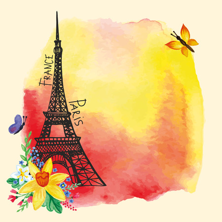 Eiffel tower,Watercolor stain,Narcissus bouquet.Paris cardのイラスト素材