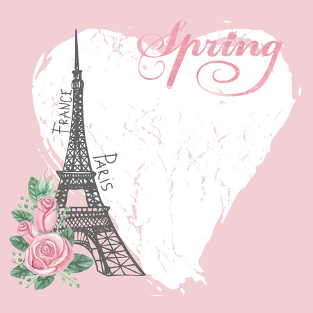 Paris vintage spring card.Eiffel tower,Watercolor roseのイラスト素材