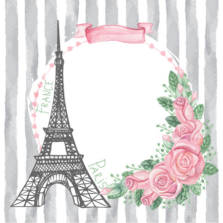 Paris vintage card.Eiffel tower,Watercolor rose,grey stripsのイラスト素材
