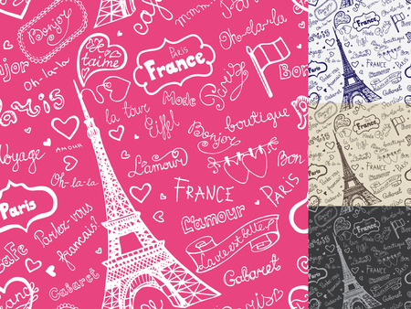 Paris symbols,lettering seamless pattern.Hand drawn  sketchy dooのイラスト素材