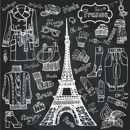 Paris style.Fashion clothing set.Outline Sketchy.Chalkboardのイラスト素材
