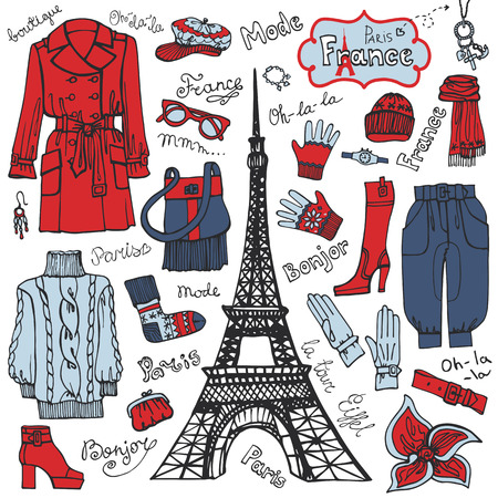 Paris style.Fashion clothing set.Colored tricolor Sketchのイラスト素材