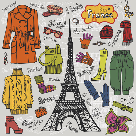 Paris style.Fashion clothing set.Colored Sketchのイラスト素材