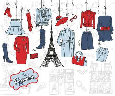 Paris style.Fashion clothing hanging on ropes.Tricolor Sketchのイラスト素材