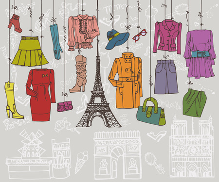 Paris style.Fashion clothing hanging on ropes.Colored Sketchのイラスト素材
