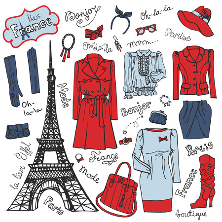 Paris Fashion.Clothing set.Tricolor doodle Sketchのイラスト素材