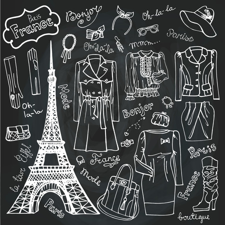 Paris Fashion.Clothing set.Doodle Sketch.Chalkboard outlineのイラスト素材